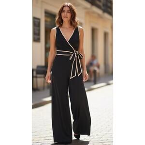 L’Agence Silk Wrap Style V Neck Wide Leg Sleeveless Jumpsuit Black Size 4